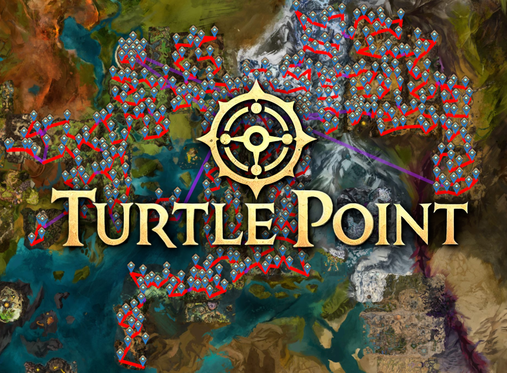 TurtlePoint's route through every waypoint, drawn over the Central Tyria map